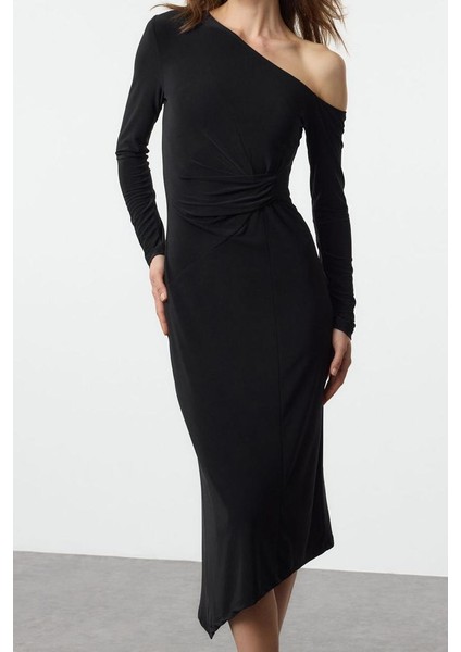 Moda Slim Asimetrik Yaka Maxi Boy Limited Editon Omzu Açık Vücuda Oturan Drapeli Esnek Örme Elbise fırsatları