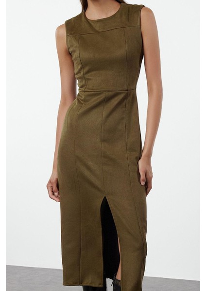 Moda Stil Fitted Bisiklet Yaka Midi Boy Yırtmaçlı Düz Kesim Süet Dokuma Elbise