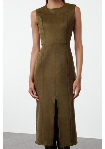 Moda Stil Fitted Bisiklet Yaka Midi Boy Yırtmaçlı Düz Kesim Süet Dokuma Elbise fiyatları