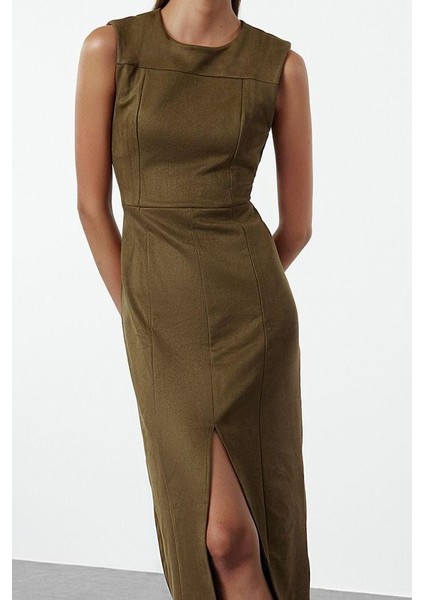 Moda Stil Fitted Bisiklet Yaka Midi Boy Yırtmaçlı Düz Kesim Süet Dokuma Elbise modelleri