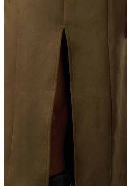 Moda Stil Fitted Bisiklet Yaka Midi Boy Yırtmaçlı Düz Kesim Süet Dokuma Elbise fırsatları