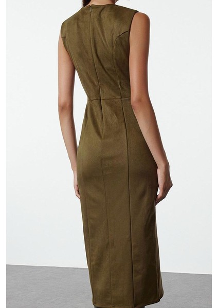 Moda Stil Fitted Bisiklet Yaka Midi Boy Yırtmaçlı Düz Kesim Süet Dokuma Elbise indirimleri