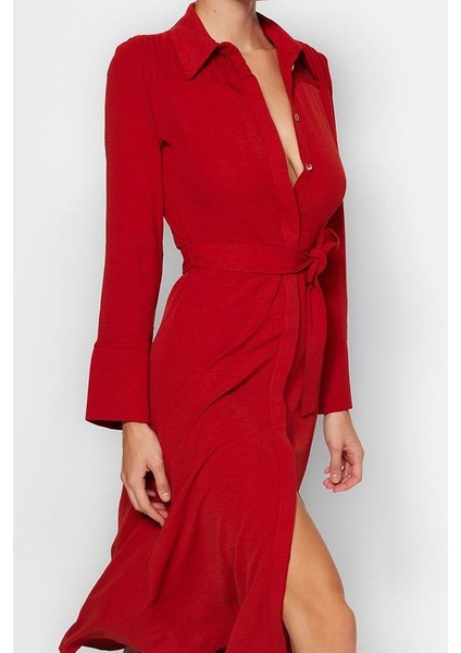 Moda Stil Regular Gömlek Yaka Midi Boy Kuşaklı Düğmeli Dokuma Gömlek Elbise