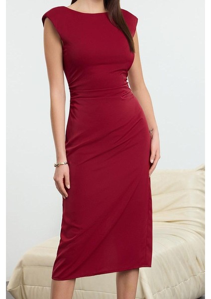 Moda Stil Regular Bisiklet Yaka Midi Boy Düz Kalıp Dokuma Elbise