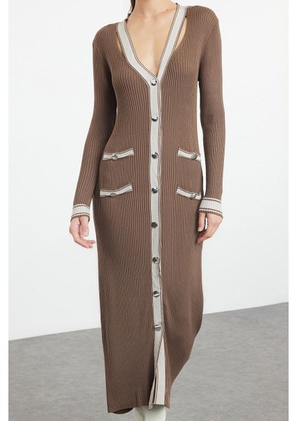 Moda Stil Regular V Yaka Maxi Boy Triko Renk Bloklu Elbise