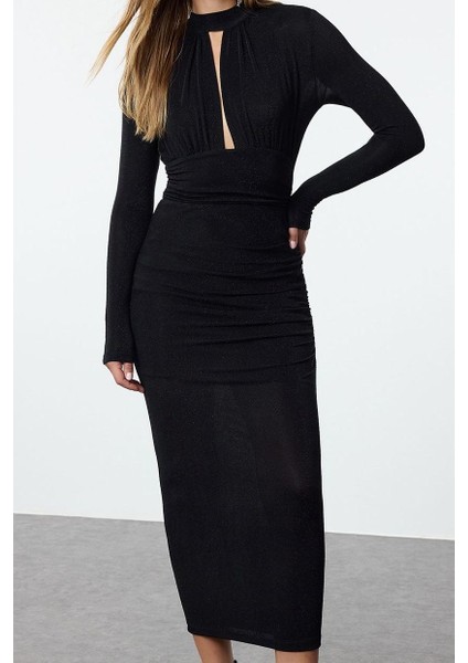Moda Stil Fitted Dik Yaka Midi Boy Dekolte Detaylı Dokuma Şık Abiye Elbise fırsatları
