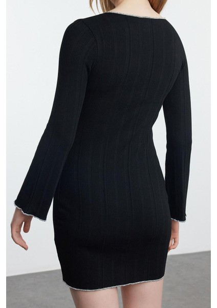 Moda Stil Slim Havuz Yaka Mini Boy Fitted Vücuda Oturan Fiyonk Detaylı Örme Elbise indirimleri