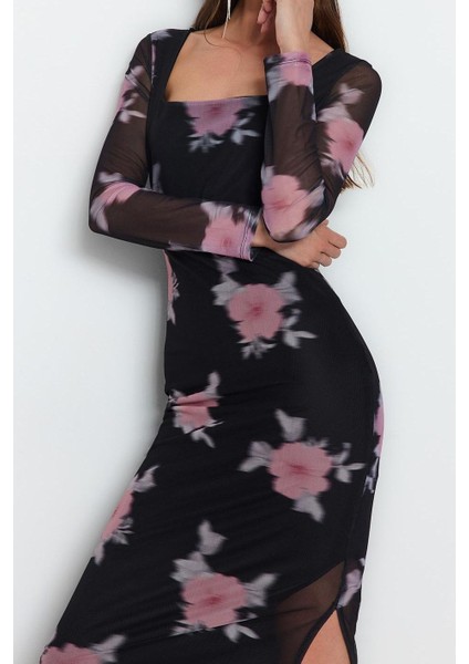 Moda Stil Slim Kare Yaka Midi Boy Tül Çiçekli Vücuda Oturan Esnek Örme Kalem Elbise