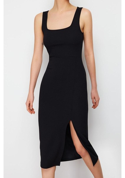 Moda Stil Slim Kare Yaka Midi Boy Itted Vücuda Oturan Yırtmaçlı Esnek Örme Kalem Elbise