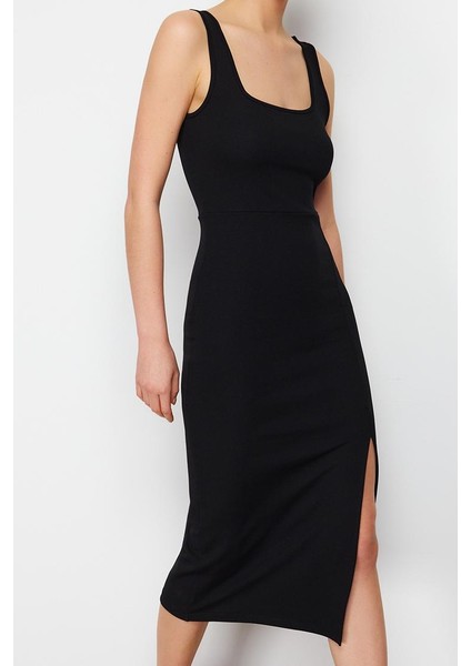 Moda Stil Slim Kare Yaka Midi Boy Itted Vücuda Oturan Yırtmaçlı Esnek Örme Kalem Elbise fiyatları