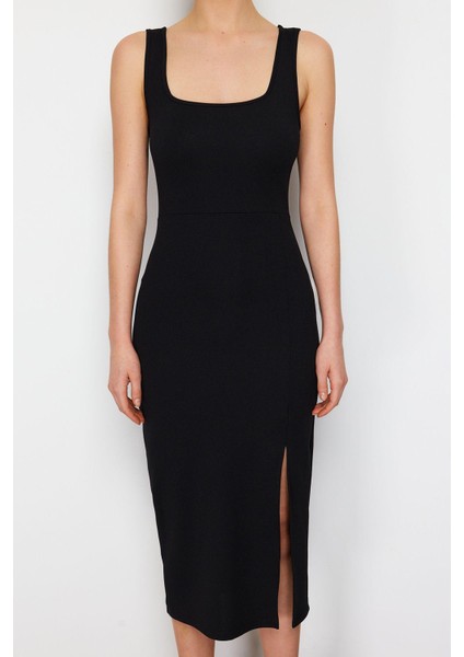 Moda Stil Slim Kare Yaka Midi Boy Itted Vücuda Oturan Yırtmaçlı Esnek Örme Kalem Elbise modelleri