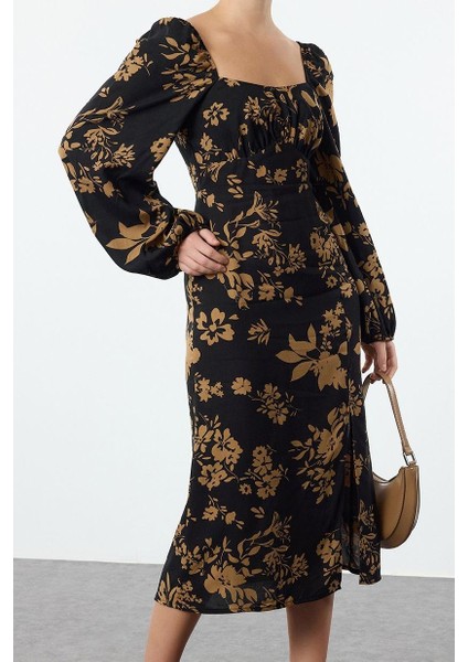 Moda Stil Regular Kalp Yaka Midi Boy Çiçek Desenli Dokuma Elbise