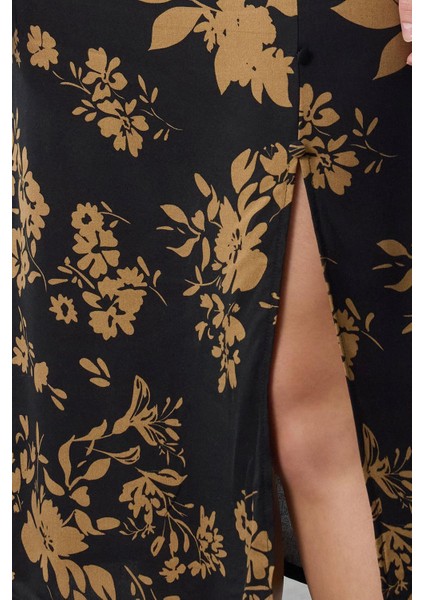 Moda Stil Regular Kalp Yaka Midi Boy Çiçek Desenli Dokuma Elbise