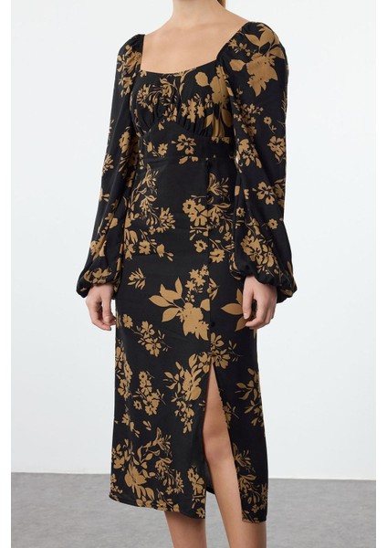 Moda Stil Regular Kalp Yaka Midi Boy Çiçek Desenli Dokuma Elbise