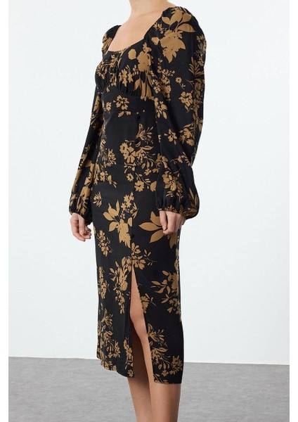 Moda Stil Regular Kalp Yaka Midi Boy Çiçek Desenli Dokuma Elbise