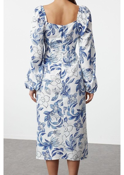 Moda Stil Regular Kalp Yaka Midi Boy Çiçek Desenli Dokuma Elbise