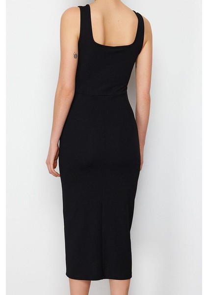 Moda Stil Slim Kare Yaka Midi Boy Itted Vücuda Oturan Yırtmaçlı Esnek Örme Kalem Elbise fırsatları