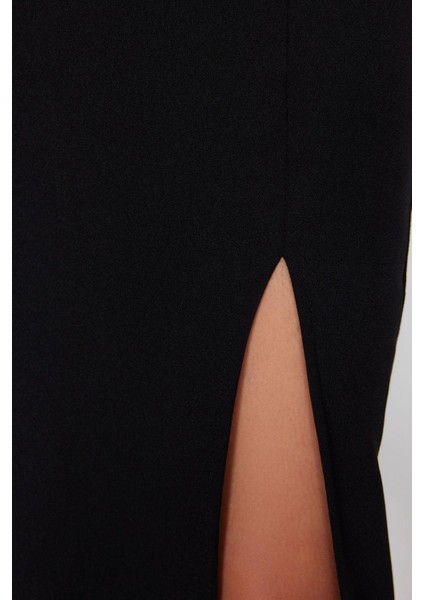 Moda Stil Slim Kare Yaka Midi Boy Itted Vücuda Oturan Yırtmaçlı Esnek Örme Kalem Elbise indirimleri