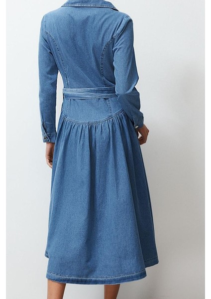 Moda Stil Oversize Gömlek Yaka Maxi Boy Kemerli Denim Elbise indirimleri