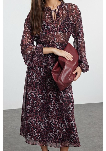 Moda Stil Regular Bisiklet Yaka Midi Boy Çiçekli Eteği Belden Açılan Astarlı Dokuma Kışlık Elbise