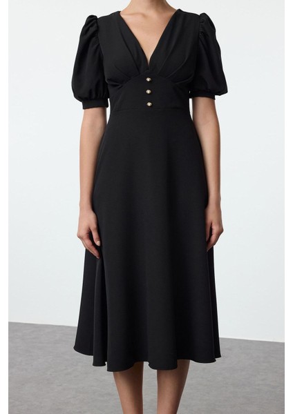 Moda Stil Fitted V Yaka Midi Boy Elbise