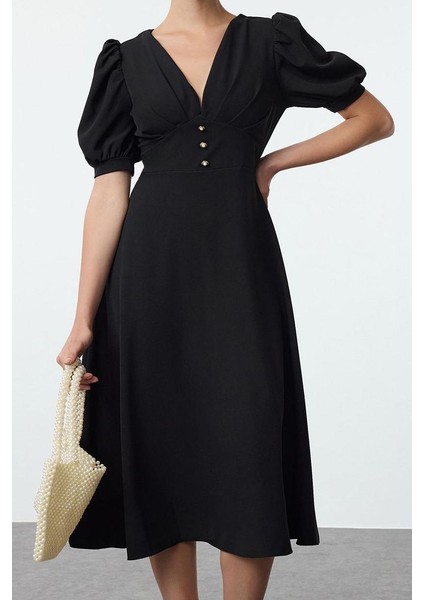 Moda Stil Fitted V Yaka Midi Boy Elbise