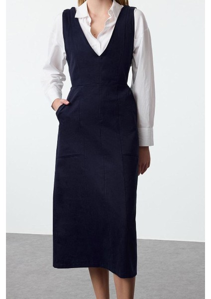 Moda Stil Regular V Yaka Midi Boy Jile Dokuma Elbise