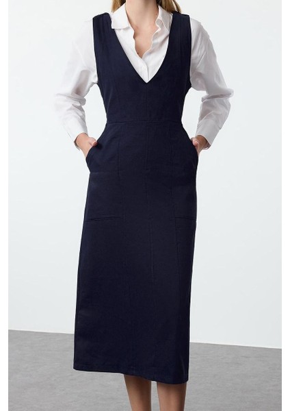 Moda Stil Regular V Yaka Midi Boy Jile Dokuma Elbise