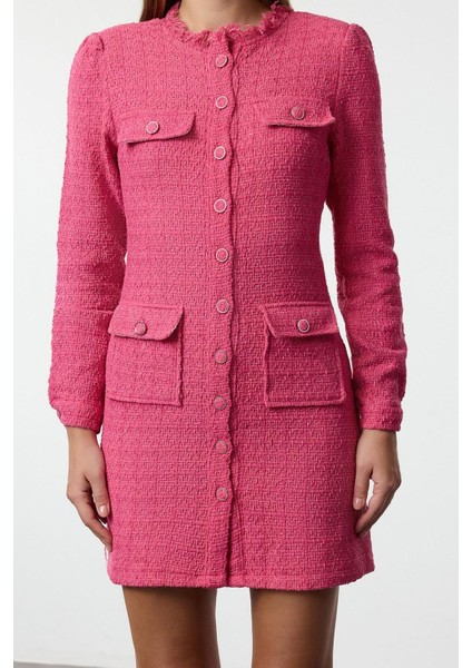 Moda Stil Regular Bisiklet Yaka Mini Boy Pink Düz Kesim Tüvit Ceket Dokuma Elbise modelleri