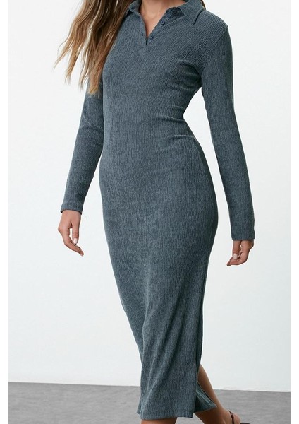 Moda Stil Fitted Polo Yaka Maxi Boy Düz Bodycone Vücuda Oturan Dokulu Düğme Detaylı Örme Elbise fırsatları