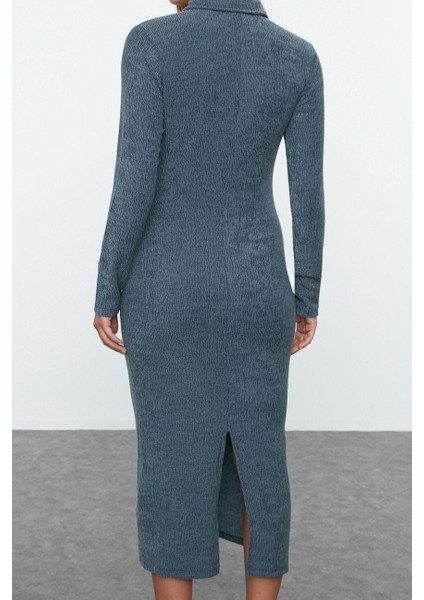 Moda Stil Fitted Polo Yaka Maxi Boy Düz Bodycone Vücuda Oturan Dokulu Düğme Detaylı Örme Elbise indirimleri