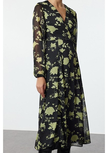 Moda Stil Regular Kruvaze Midi Boy Çiçek Desenli A Kesim Yaka Dokuma Elbise