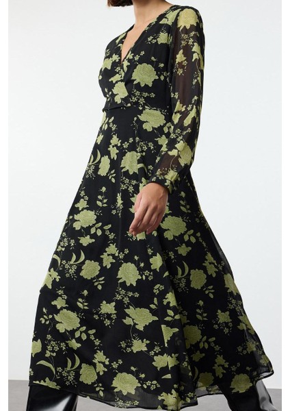 Moda Stil Regular Kruvaze Midi Boy Çiçek Desenli A Kesim Yaka Dokuma Elbise