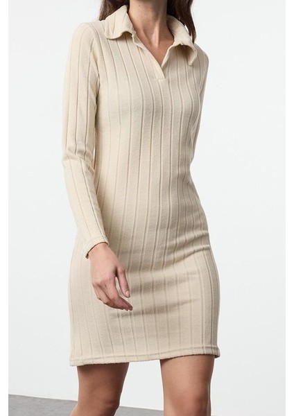 Moda Stil Slim Polo Yaka Mini Boy Fitted Vücuda Oturan Fitilli Örme Esnek Elbise