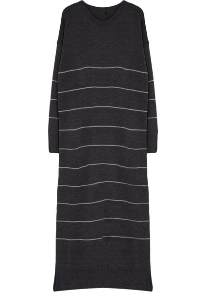 Moda Stil Relaxed Bisiklet Yaka Maxi Boy Tesettür Antrasit Çizgili Uzun Triko Elbise modelleri