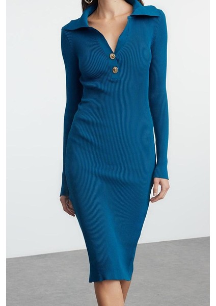 Moda Stil Slim Polo Yaka Midi Boy Triko Elbise