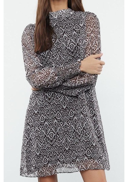 Moda Stil Regular Dik Yaka Mini Boy Soyut Dokuma Kışlık Elbise