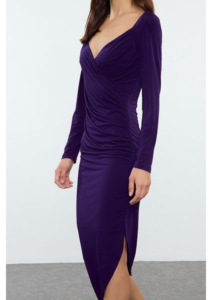 Moda Stil Slim Kalp Yaka Midi Boy Düz Büzgü Drapeli Asimetrik Fitted Vücuda Oturan Örme Elbise