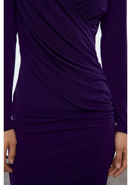 Moda Stil Slim Kalp Yaka Midi Boy Düz Büzgü Drapeli Asimetrik Fitted Vücuda Oturan Örme Elbise