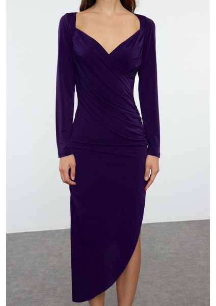 Moda Stil Slim Kalp Yaka Midi Boy Düz Büzgü Drapeli Asimetrik Fitted Vücuda Oturan Örme Elbise