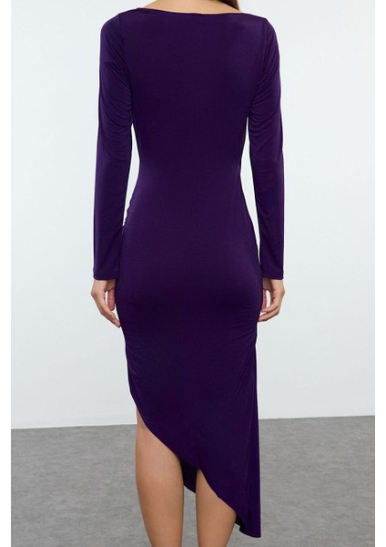 Moda Stil Slim Kalp Yaka Midi Boy Düz Büzgü Drapeli Asimetrik Fitted Vücuda Oturan Örme Elbise