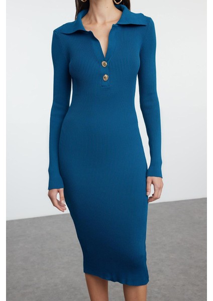 Moda Stil Slim Polo Yaka Midi Boy Triko Elbise modelleri