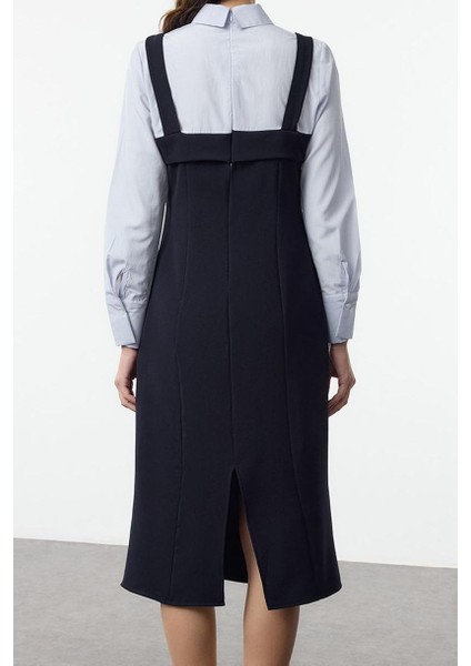 Moda Stil Regular Gömlek Yaka Mini Boy Çizgili Gömlek Detaylı Vücuda Oturan Dokuma Elbise