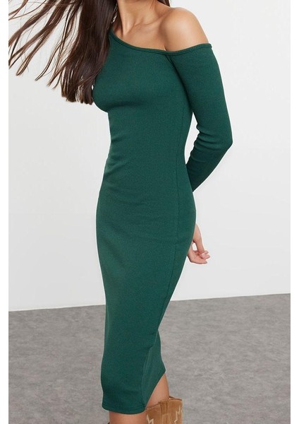 Moda Stil Slim Asimetrik Yaka Midi Boy Fitted Vücuda Oturan Fitilli Esnek Örme Elbise