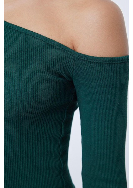 Moda Stil Slim Asimetrik Yaka Midi Boy Fitted Vücuda Oturan Fitilli Esnek Örme Elbise