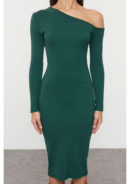 Moda Stil Slim Asimetrik Yaka Midi Boy Fitted Vücuda Oturan Fitilli Esnek Örme Elbise