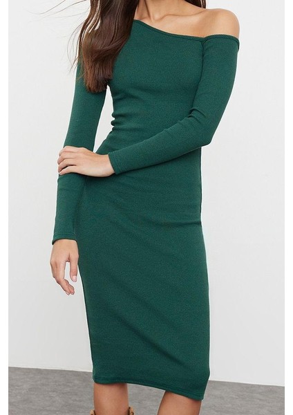 Moda Stil Slim Asimetrik Yaka Midi Boy Fitted Vücuda Oturan Fitilli Esnek Örme Elbise