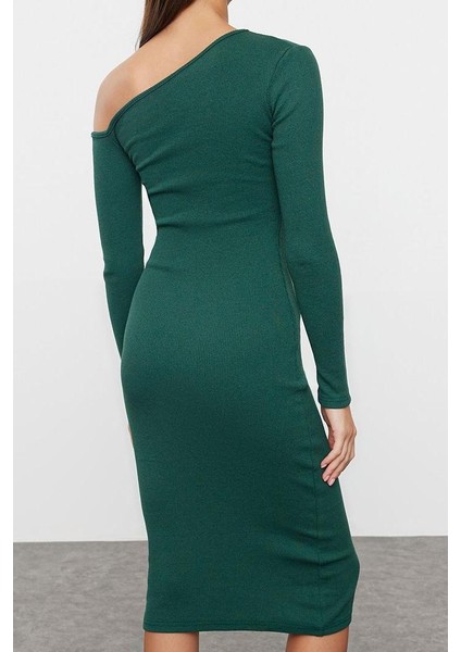 Moda Stil Slim Asimetrik Yaka Midi Boy Fitted Vücuda Oturan Fitilli Esnek Örme Elbise