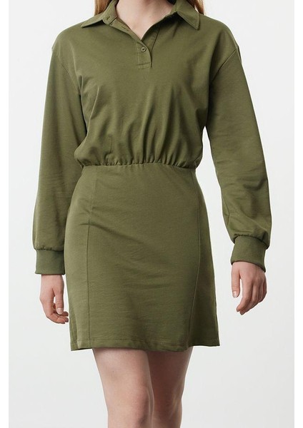 Moda Stil Regular Polo Yaka Mini Boy Düz Vücuda Oturan Örme Elbise
