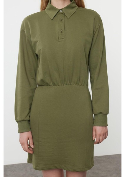 Moda Stil Regular Polo Yaka Mini Boy Düz Vücuda Oturan Örme Elbise
